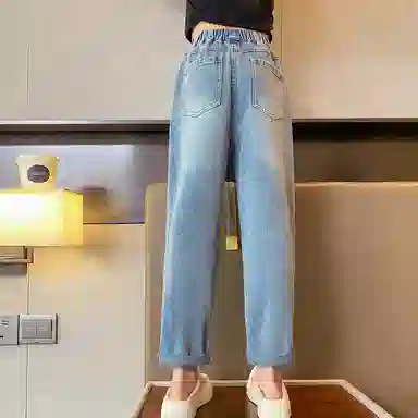 唐狮童装 卡通印花百搭水洗松紧腰直筒牛仔裤 儿童款 浅牛仔蓝