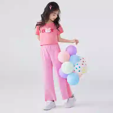 唐狮童装 圆领字母卡通动漫休闲运动套装 儿童款 桃色