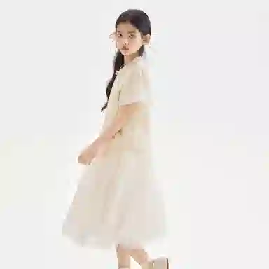 大童 唐狮童装 立领斜襟纯色舒适简约短袖裙装套装 杏色