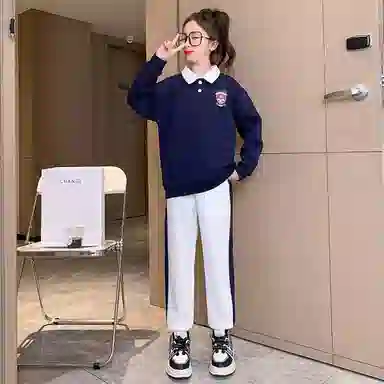 唐狮童装 简约字母套头长袖上衣松紧腰束脚长裤休闲运动套装 儿童款 藏青色