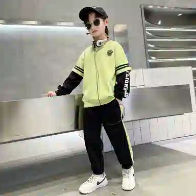 唐狮童装 字母印花圆领套头长袖上衣松紧腰宽松束脚长裤休闲运动套装 儿童款 浅水绿