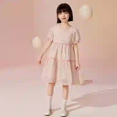 唐狮童装 简约圆领套头休闲短袖儿童连衣裙 儿童款 浅黄色