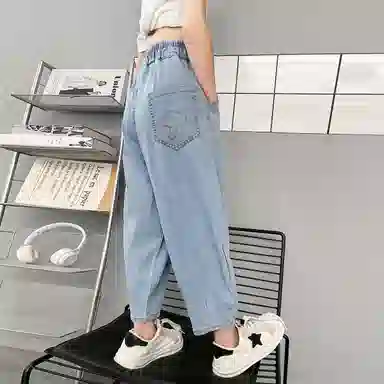 唐狮童装 纯色松紧中腰水洗休闲牛仔裤 儿童款 亮钢蓝