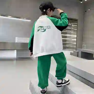 唐狮童装 简约字母拉链长袖上衣松紧腰长裤休闲运动套装 儿童款 绿色