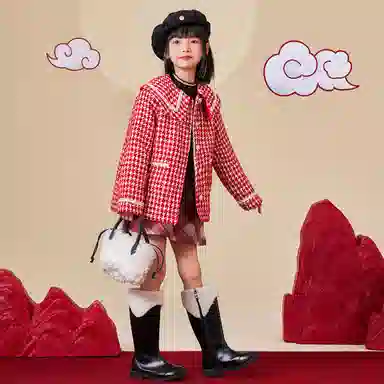 儿童款 唐狮童装 加绒加厚娃娃领单排扣保暖休闲长袖棉服 红色