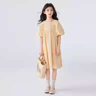 唐狮童装 简约圆领套头插肩短袖儿童连衣裙 儿童款 浅黄色