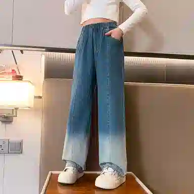 唐狮童装 复古松紧腰直筒宽松休闲牛仔裤 儿童款 藏青色