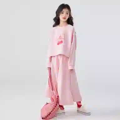 儿童款 唐狮童装 圆领甜美插肩长袖卫衣简约百搭舒适半身裙裙装套装 粉红色