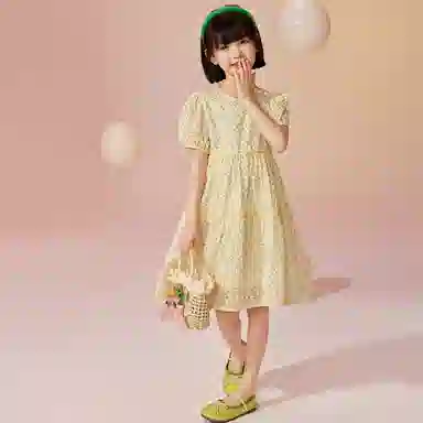唐狮童装 简约圆领套头休闲短袖儿童连衣裙 儿童款 浅黄色