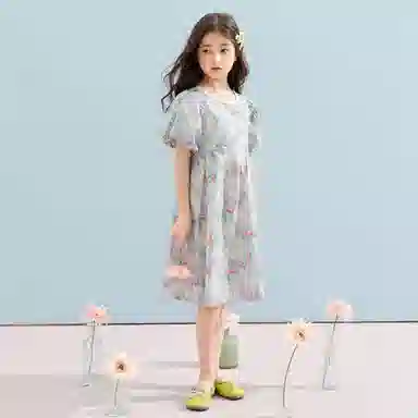 唐狮童装 方领舒适甜美短袖儿童连衣裙 儿童款 浅蓝色