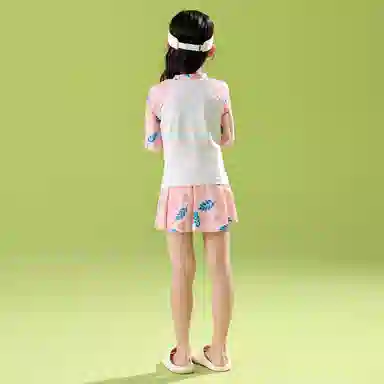 儿童款唐狮童装 简约字母印花套头长袖上衣松紧腰半身裙儿童泳装 粉红色