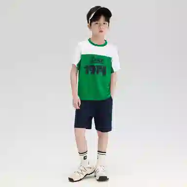 大童 唐狮童装 时尚柔软拼色圆领休闲运动套装 绿色