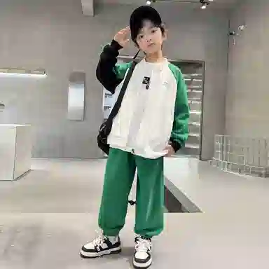 唐狮童装 简约字母拉链长袖上衣松紧腰长裤休闲运动套装 儿童款 绿色