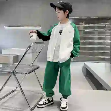 唐狮童装 简约字母拉链长袖上衣松紧腰长裤休闲运动套装 儿童款 绿色