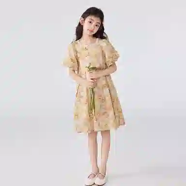 唐狮童装 方领碎花舒适短袖儿童连衣裙 儿童款 浅黄色