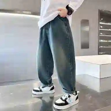 唐狮童装 宽松加绒长裤牛仔裤 儿童款 藏青色