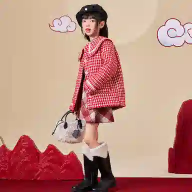 儿童款 唐狮童装 加绒加厚娃娃领单排扣保暖休闲长袖棉服 红色