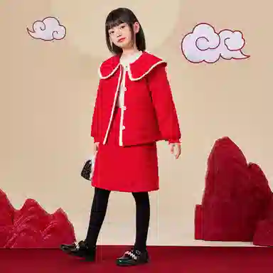 儿童款 唐狮童装 拼色娃娃领单排扣保暖棉服短裙裙装套装 红色