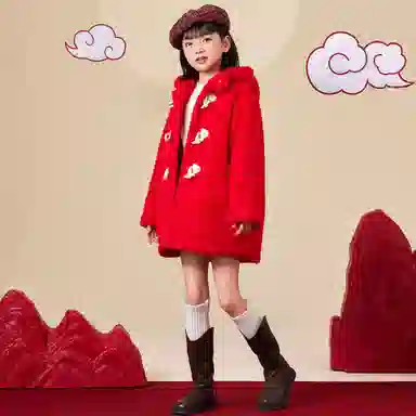 唐狮童装 纯色加绒加厚牛角扣中长款休闲长袖绒感外套 儿童款 红色