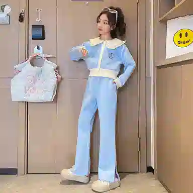 唐狮童装 娃娃领单排扣长袖上衣松紧腰纯色微喇长裤休闲运动套装 儿童款 浅蓝色