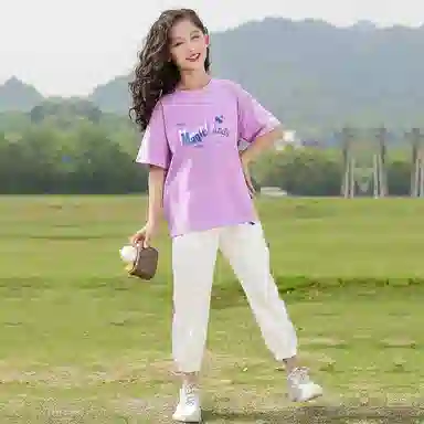 唐狮童装 舒适柔软轻盈宽松透气休闲运动套装 儿童款 浅紫色
