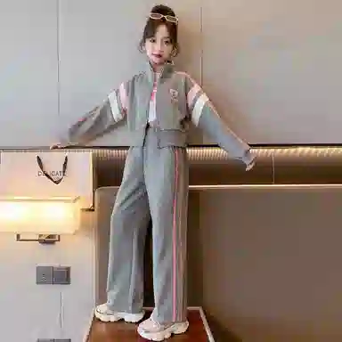 唐狮童装 字母印花立领拉链长袖上衣松紧腰长裤休闲运动套装 儿童款 灰色