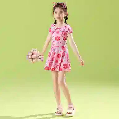 唐狮童装 花卉印花套头短袖泳裙松紧腰短裤儿童泳装 儿童款 玫红色