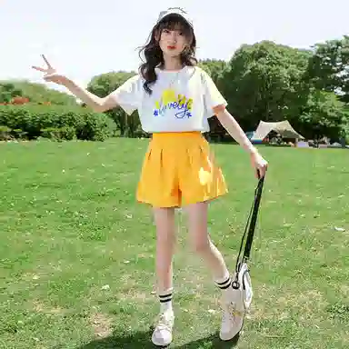 儿童款 唐狮童装 舒适青春短袖短裙休闲运动套装 白色