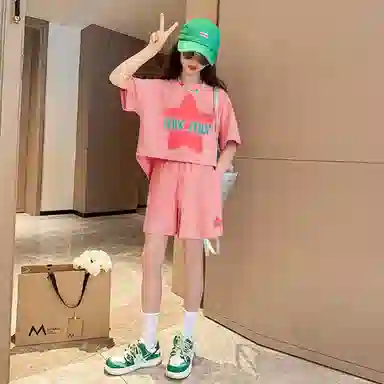 唐狮童装 字母星星图案圆领短袖上衣松紧腰短裤休闲运动套装 儿童款 粉红色