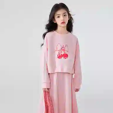 儿童款 唐狮童装 圆领甜美插肩长袖卫衣简约百搭舒适半身裙裙装套装 粉红色