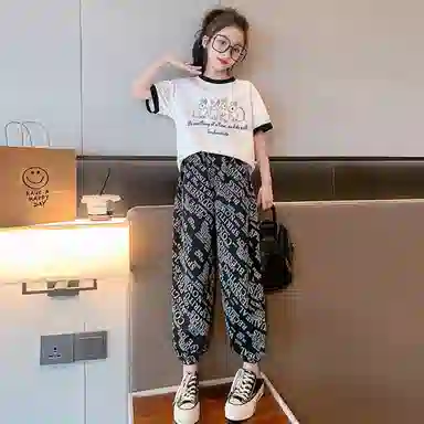 唐狮童装 小兔子图案圆领套头短袖上衣字母松紧腰长裤休闲运动套装 儿童款 白色