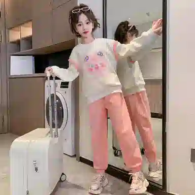 唐狮童装 字母印花圆领套头长袖上衣松紧腰长裤休闲运动套装 儿童款 白色
