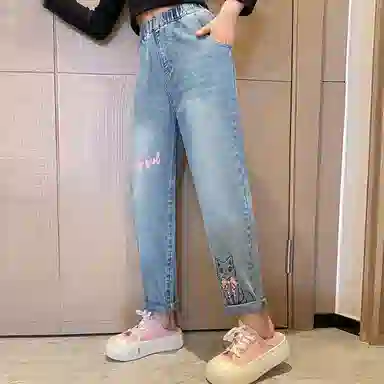 唐狮童装 卡通印花百搭水洗松紧腰直筒牛仔裤 儿童款 浅牛仔蓝