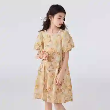 唐狮童装 方领碎花舒适短袖儿童连衣裙 儿童款 浅黄色
