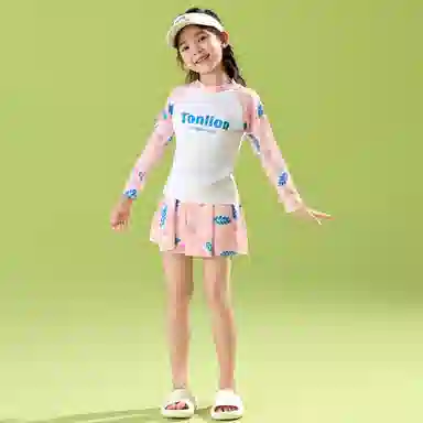 儿童款唐狮童装 简约字母印花套头长袖上衣松紧腰半身裙儿童泳装 粉红色