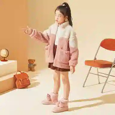 唐狮童装 樱桃图案立领加绒拉链休闲长袖绒感外套 儿童款 皮粉