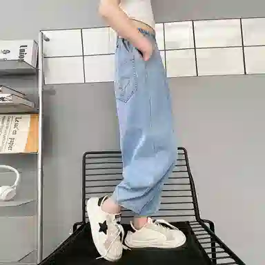 唐狮童装 纯色松紧中腰水洗休闲牛仔裤 儿童款 亮钢蓝