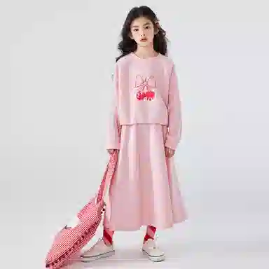 儿童款 唐狮童装 圆领甜美插肩长袖卫衣简约百搭舒适半身裙裙装套装 粉红色