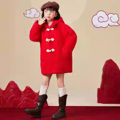 唐狮童装 纯色加绒加厚牛角扣中长款休闲长袖绒感外套 儿童款 红色
