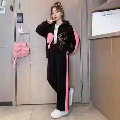唐狮童装 蝴蝶结图案连帽插肩长袖上衣松紧腰直筒长裤休闲运动套装 儿童款 黑色