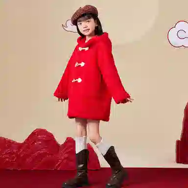 唐狮童装 纯色加绒加厚牛角扣中长款休闲长袖绒感外套 儿童款 红色