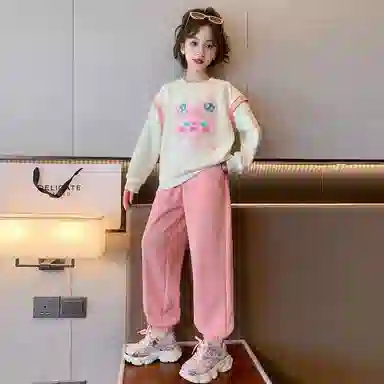 唐狮童装 字母印花圆领套头长袖上衣松紧腰长裤休闲运动套装 儿童款 白色