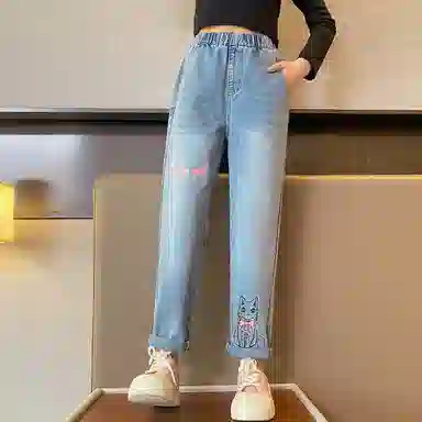 唐狮童装 卡通印花百搭水洗松紧腰直筒牛仔裤 儿童款 浅牛仔蓝