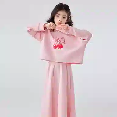 儿童款 唐狮童装 圆领甜美插肩长袖卫衣简约百搭舒适半身裙裙装套装 粉红色