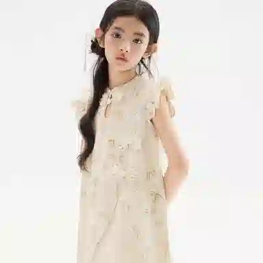 唐狮童装 竹子图案立领飞飞短袖儿童连衣裙 大童 翠绿色