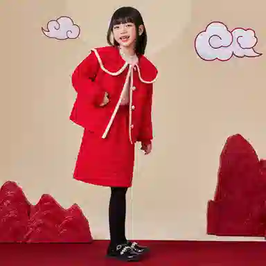 儿童款 唐狮童装 拼色娃娃领单排扣保暖棉服短裙裙装套装 红色