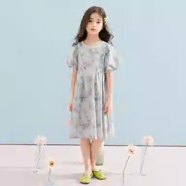 唐狮童装 方领舒适甜美短袖儿童连衣裙 儿童款 浅蓝色