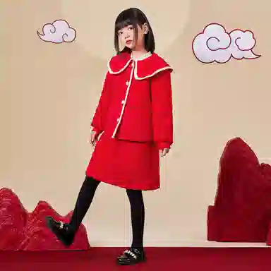 儿童款 唐狮童装 拼色娃娃领单排扣保暖棉服短裙裙装套装 红色