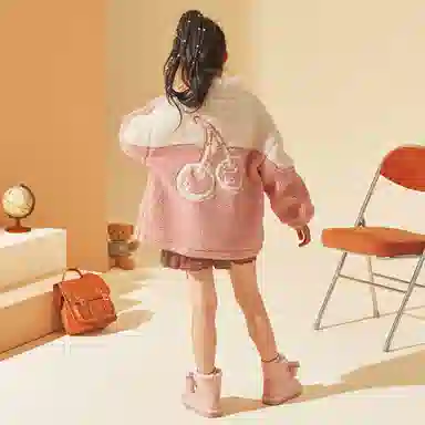 唐狮童装 樱桃图案立领加绒拉链休闲长袖绒感外套 儿童款 皮粉