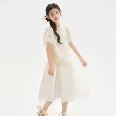 大童 唐狮童装 立领斜襟纯色舒适简约短袖裙装套装 杏色